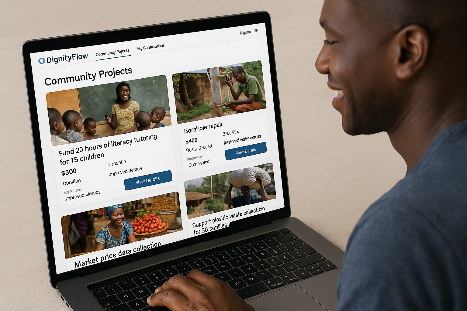 Clean interface showing project selection - Sponsor browsing verified community projects with clear descriptions, costs, and expected outcomes