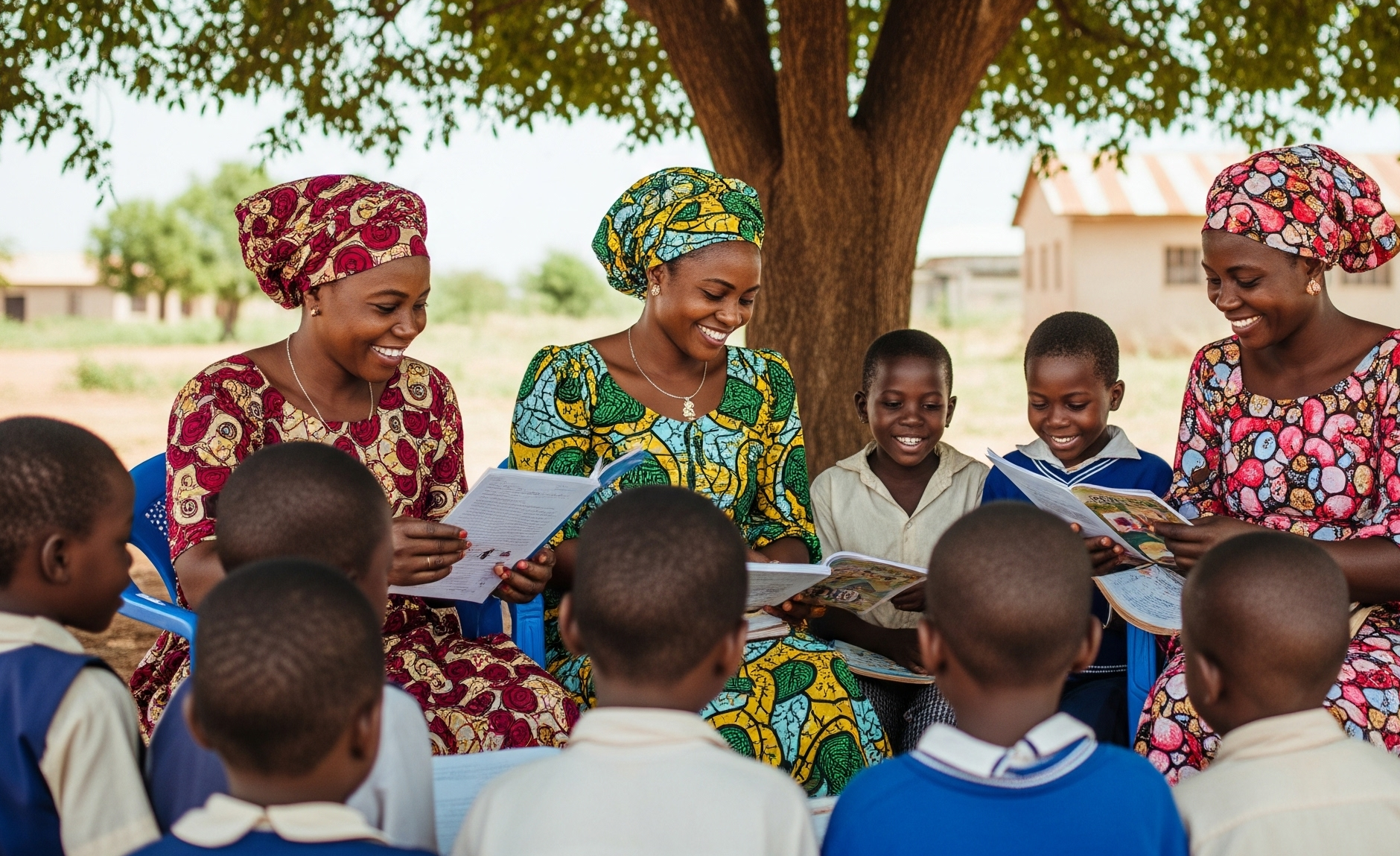Women teaching children to read under a tree, showing community collaboration and dignified work in action